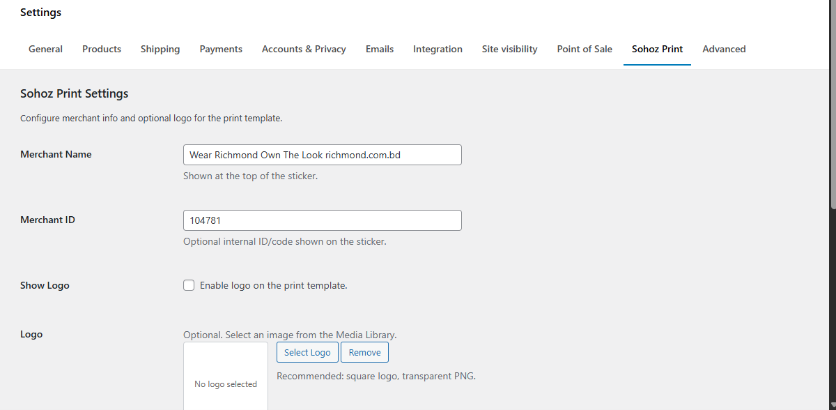 Sohoz Print settings - merchant info